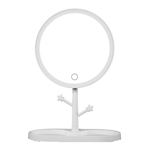 化粧鏡, LED 化粧鏡 ライト付き レディース 化粧ランプ 収納付き 卓上 回転鏡 丸型(White)