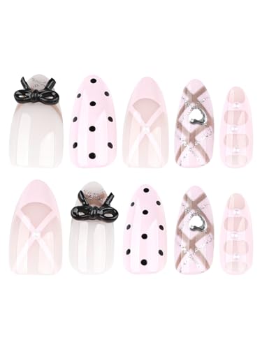 Image of Secret Lives Black Polka Dot Bow Press-On Nails - Cute Short Almond Artificial False Nails with Glossy Nail Art 24-Pieces Set with Kit