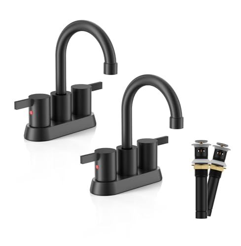 Phiestina 4 Inch 2 Handle Centerset Matte Black Lead-Free Modern Bathroom Faucet 2 Pack, 360 Swivel Spout 2-3 Hole RV Bathroom Vanity Sink Faucet with Pop Up Drain,Water Supply Lines,BF15-1-MB-2PACK