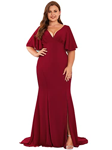 Amazon.com: Women Plus Size V-Neck Chiffon Ruffle Sleeve Mermaid Split  Evening Dresses Prom Gowns Homecoming Graduation Party Dress for Wedding  Guest, Burgundy, 0XL : Clothing, Shoes & Jewelry
