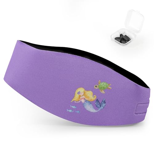 HeySplash Schwimmen Stirnband Kopfband, Ohren Schutz Band mit Ohrstöpsel Schwimmen, 2 Paar Schwimm Ohrstöpsel Wiederverwendbar, Wasserdicht Ohrenband Schwimmband für Kinder - S, Lila Meerjungfrau