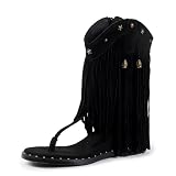 ATBELL Women's Bohemian Tassel Gladiator Sandals Black Suede Thong Flip Flops for Fringe Summer Wedge Heel Sandal with Rivets Western Shoes