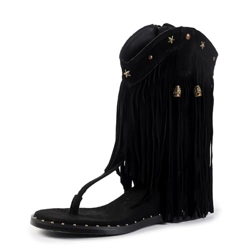 Image of Women's Bohemian Tassel Gladiator Sandals Brown Suede Thong Flip Flops for Fringe Summer Wedge Heel Sandal with Rivets Western Shoes