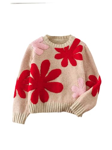 SHENHE Girl's Cute Floral Sweater Crew Neck Long Sleeve Trendy Fashion Soft Sweater Jumper