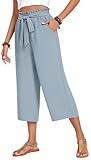 Aodemo Womens Plus Size Capri Pants Wide Leg High Waist Tie Knot Pants Casual Loose Palazzo Trousers with Pockets 2XL, Denim Blue
