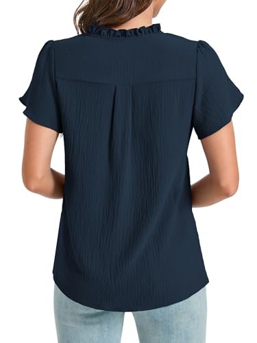 Funlingo Women Summer Tops Ruffle Short Sleeve V Neck Blouses Dressy Casual Eyelet Lace Work Shirts Spring Clothes Trendy Outfits Deep Blue 2XL — view 4