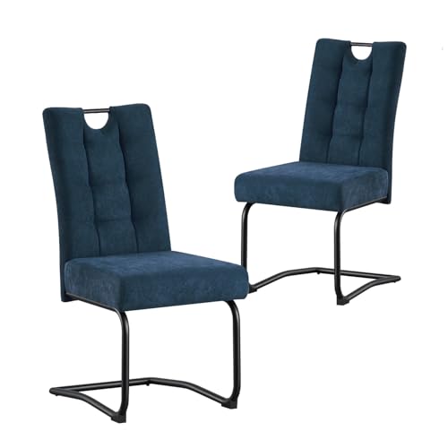 B&D home® Esszimmerstühle Sofia 2er Set – Freischwinger Schwingstuhl, gepolsterte Sitzschale mit Griff, Webstoff Blau, Metallkufe...