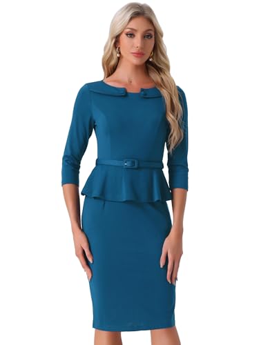 Allegra K Damen Vintage Schößchen Kleid 3/4 Ärmel Gürtel Cocktail Etuikleider, Blau Grün, Groß