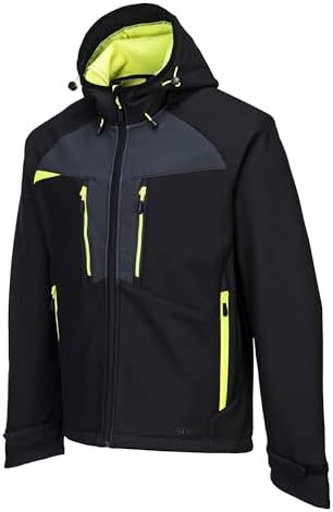 Portwest DX474 DX4 Hooded Softshell Jacket Waterproof Windproof Breathable 4-Way Stretch Work Jacket with Pockets Adjustable Fit for Work and Outdoor, Black, L