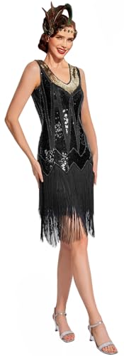 Image of Women Flapper Dresses 1920s V Neck Beaded Fringed Great Gatsby Club & Night Out Dresses