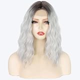 incohair Short White Silver Wigs for Women Ombre Grey Wavy Bob Wig Dark Roots 14Inch Shoulder Length Middle Part Synthetic Hair Heat Resistant Fiber Wig Colorful Wigss for Daily Party Use