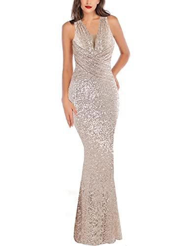 A ARFAR Women Wedding Sequin Dress V-Neck Sleeveless Dress Mermaid Maxi Long Dress Formal Evening Prom Gowns