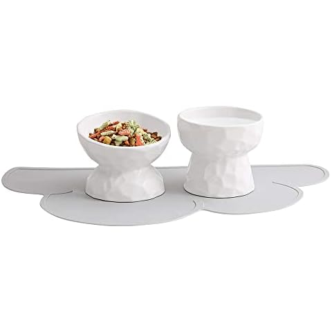 HCHLQLZ White Ceramic Cat Food and Water Bowl Set,Cat Food Dish with Stand,Elevated Cat Bowls,Raised Cat Food Bowls Anti Vomiting,Pet Bowl with Anti Slip Mat,Stress Free for Cats and Small Dogs Cover