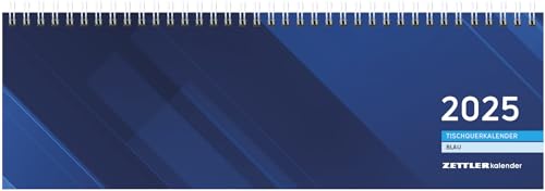 Zettler - Tischquerkalender 2025 blau, 32x10,5cm, Bürokalender mit 128 Seiten, Tages- und Wochenzählung, Jahresübersicht, Steuerterminen, Drahtkammbindung und deutsches Kalendarium