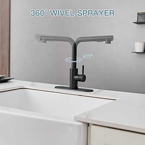 Homevacious Matte Black Kitchen Faucet With Pull Out Sprayer Modern Single Handle Bar Faucet Single Hole High Arc 360°Swivel Spout Stainless Steel Utility Laundry Sink Faucet With Deck Plate #TOP4