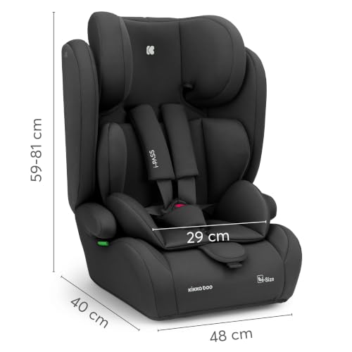 KikkaBoo Cadeira Auto Sem ISOFIX Grupo 1 2 3 (9-36 kg, 76-150cm) i-PASS, Cadeira de Carro para Bebé e Crianças, Apoio de Cabeça em 13 Posições, 15 Meses a 12 Anos, Preto