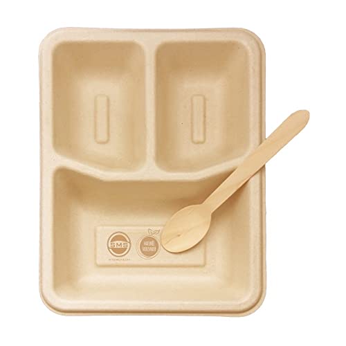SMS HYDROTECH Disposable Plates 10 inch with Wooden Disposable Spoons 16 cm,3 Compartment Plate,Eco-Friendly Square Plates for Dinner,Biodegradable Plates,Use and Throw Plates(Pack of 50)