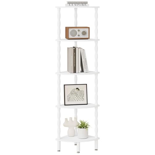 Image of IBUYKE 5-Tier Corner Shelf,Stylish Corner Bookshelf for Small Spaces,Industrial Corner Storage Display Shelves,Small Corner Table for Bedroom,Bathroom,Kitchen, White WBC020W
