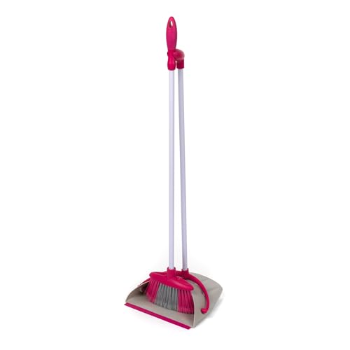 Kleeneze KL062413EU Juego De Escoba Y Recogedor Con Mango Largo, Compacto Y Fácil Para Guardar, Incluye Un Palo De Goma Para Recuperar Las Suciedades Y Los Pelos De Mascotas Con Facilidad, Rosa/Gris