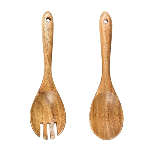 2 Pieces Wooden Salad Servers,10.2 inches Wood Serving Spoons Set Salad Mixing Dinner Fork and Spoon Long Handle Salad Tongs Kitchen Cooking Utensil Cutlery Set