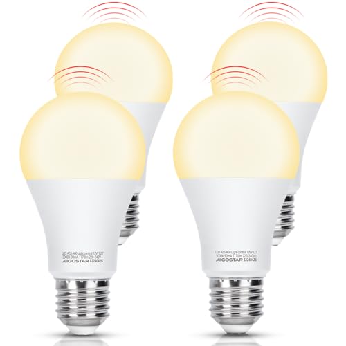 Aigostar Bombilla con Sensor de Movimiento, Bombilla LED E27 A60 12W Equivalente a 81W, Luz Cálido 3000K, 1170 Lm, Automatica Bombilla E27 Detector de Movimiento, No Regulable, 4 Unidades