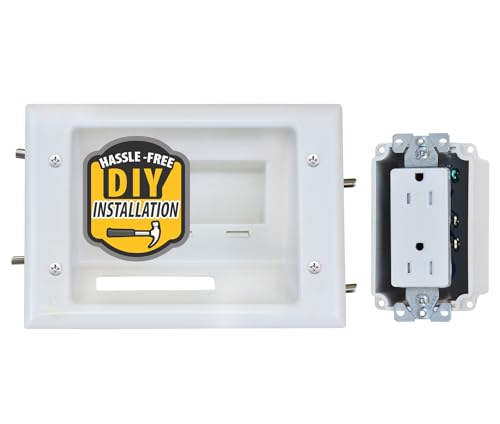 DATA COMM 45-0071-WH Recessed Low Voltage Cable Plate with Built-In Duplex Receptacle Outlet, Easy To Install - Ideal for Home Theater, TV & Power Cable Management, Mid-Size, White