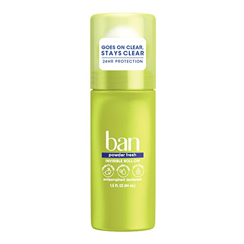 Ban Powder Fresh 24-hour Invisible Antiperspirant, Travel Size Roll-on Deodorant for Women and Men, Hypoallergenic, For Sensitive Skin, Paraben Free, Cruelty Free, Sulfate Free, 1.5oz