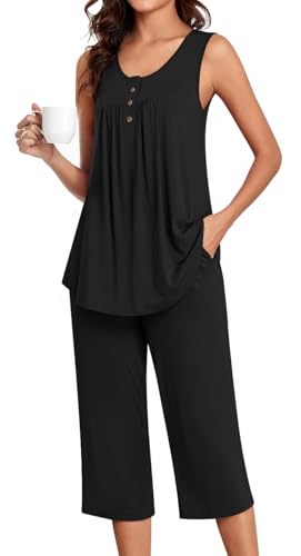 Image of Bestbee Women's Sleeveless Pajama Sets 2 Piece Sleepwear Summer Lounge Outfits Henley Tanks Capri Pants Ladies Pjs