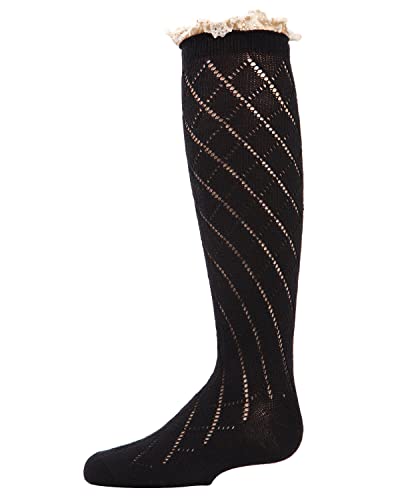 MeMoi Button Lace Trim Girls Knee-High Socks Black 7-8