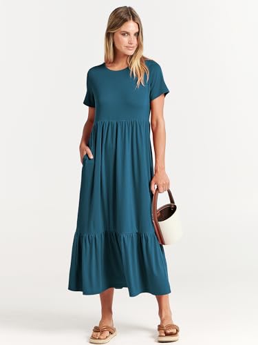 Image of ANRABESS Womens 2026 Summer Casual Maxi Dress A line Tiered Flowy Short Sleeve Crewneck T Shirt Beach Travel Long Dresses
