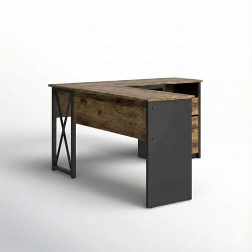 Image of TEKAVO Rikin L Shape Executive Desk | Director Table for Office | Manager Desk with Drawer Storage | L Shaped Office Table | Brown & Black Wood | Metal (160Cm x 55Cm x 75Cm) | DIY
