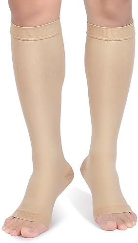 Compression Socks, 20-30 mmHg Graduated Knee-Hi Compression Stockings for Unisex, Open Toe, Opaque, Support Hose for DVT, Pregnancy, Varicose Veins, Relief Shin Splints, Edema, Beige XX-Large