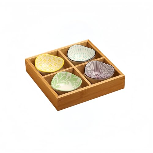 仕切り付き豆皿セット・陶磁器小皿&天然竹トレー|前菜皿/調味料皿/薬味皿/副菜皿に最適|和食器スクエアデザイン・寿司/刺身/お菓子盛り付け用・多用途プレート (4つ仕切り,C)