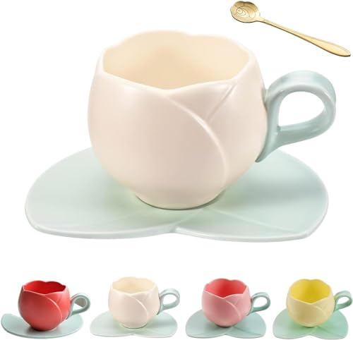 Macetas, Home Taza De Tulipan, Linda Taza De Tulipans Rosa/Amarilla/Beige/Roja, Hermosa Taza En Forma De Tulipan, Cerámica Taza De Cafe De Tulipan Trae Una Cuchara (Size :...
