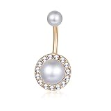 Lenacou Pearl Flower Belly Button Rings 14G Surgical Stainless Steel Navel Barbell Stud Cubic Zircon