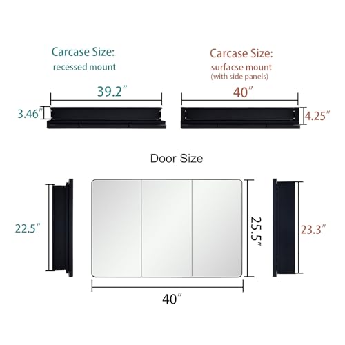 Image of IDYLLOR Black Bathroom Medicine Cabinet with Round Corner Framed Door, 40 x 25.5 inch, Recessed or Surface Mount, with Adjustable Glass Shelves