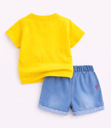 Image of Bold N Elegant Half Sleeve Pure Cotton Baby Boy Girl 3D Cartoon Smiley Animals T-Shirt with Denim Shorts Smart Casual Outfit for Infant Toddler Kids Upto 5 Years