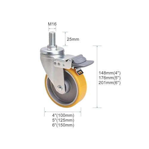Wytrzymałe kółka skrętne z hamulcem, 4" do 6" koła PU, pręt gwintowany M16x25 do wózka przemysłowego, ławki roboczej, półki, cichego łożyska i dużej nośności