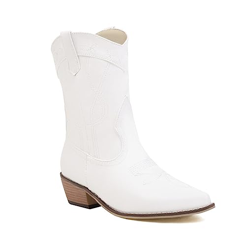 AIJIVOU Women's Riley Western Booties, Classic Point Toe Embroidered Western Rodeo Cowboy Sheriff Boot with Zipper Ankle Boots Low Heel for Women, White, 11