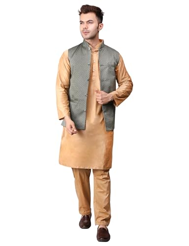 Image of Men's Cotton Silk Blend Regular Kurta Pyjama, Embroidered Nehru Jacket /Waistcoat Set