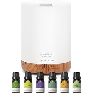 ASAKUKI Diffusers 300ml with 6 * 10ml Essential Oils Set, Aromatherapy Ultrasonic Cool Mist Essential Oil Diffuser with 7 Color Lights, Auto Shut-Off for Home Bedroom Office