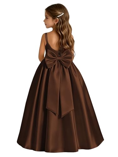 BIRENEROBE Chocolate Brown Satin Flower Girls Gown for Wedding Long First Communion Dress for Girls 7-8 Father Daughter Dance Formal Gown with Bow Special Occasion Size 8