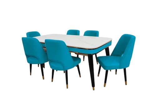 Image of WOODEN SPACE 6-Seater Wooden Dining Table Set | Nano Composite Marble Top | Solid Wood Base | Modern Dining Room Furniture with 6 Chairs (Sky Blue Vintage)