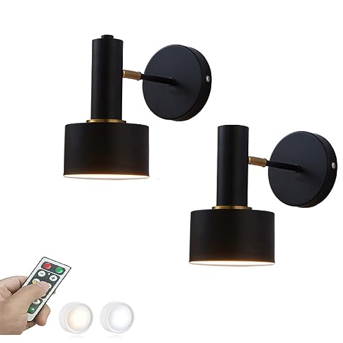 SIYANE Apliques de pared Decoración de pared Juego de 2 Bombilla LED remota negra y dorada con pilas Lámpara de pared inalámbrica Lámpara de pared moderna ajustable de mediados de siglo Interior para
