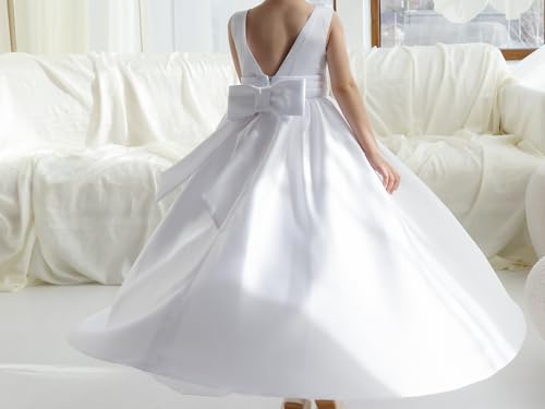 Satin Flower Girl Dress for Wedding Bow-Knot V-Back Dresses Crew Neck First Communion Princess Long Ball Gowns4
