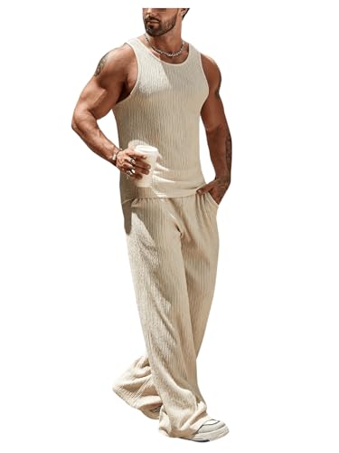 GORGLITTER Men's 2 Piece Linen Sets Rib Knit Summer Outfits Sleeveless Tank Top Baggy Wide Leg Pants Set3