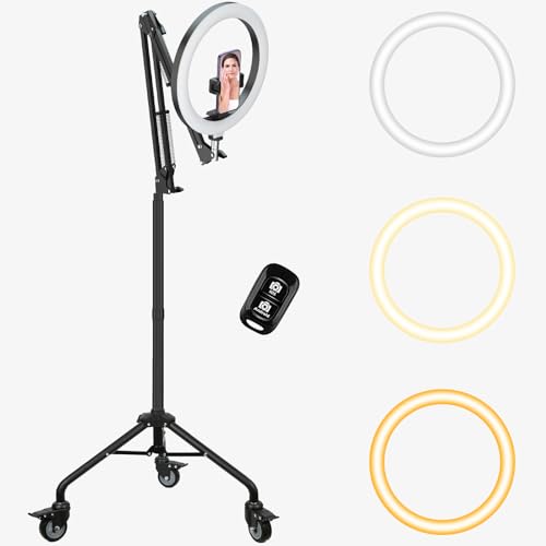 Image of LUXSURE Ring Light Tripod for iPhone,Ring Light with Stand and Phone Holder,LED Overhead Camera Mount with Casters,Phone Tripod with Light and Remote for Video Recor