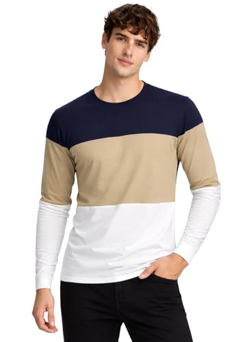 Image of ADRO Men's Full Sleeve T-Shirt Navy Grey Colorblock | Cotton Round Neck Casual Tshirt | Regular Fit Stylish T Shirt