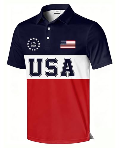COOLLYME Men's USA Patriotic Golf Polo Shirt, Short Sleeve, Regular Fit, 100% Polyester, American Flag Print