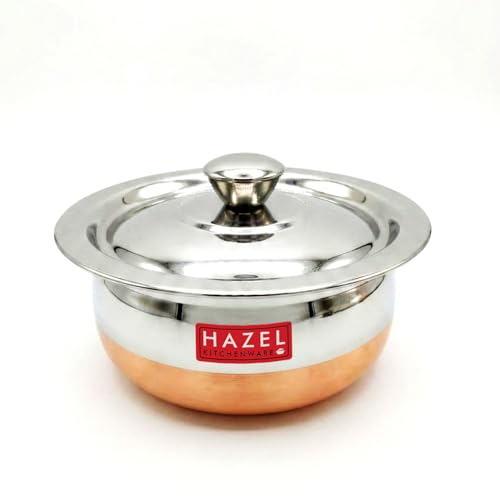 Image of HAZEL Copper Bottom Handi Small 850 ml with Lid | Stainless Steel Cookware Handi | Copper Bottom Vessels for Cooking | Steel Utensils for Kitchen | Small Steel Vessels for Cooking